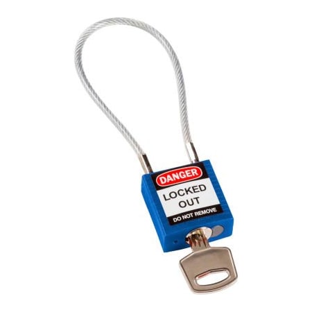 BradyÂ Cable Safety Padlock W/ Label, 4-3/16H Clearance Steel Cable, Blue